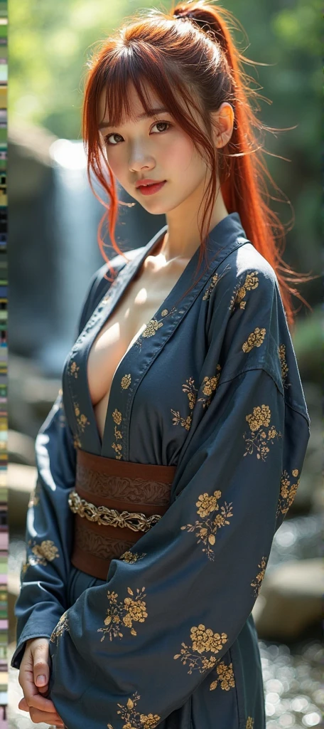 absurdres, foto RAW, mais alta qualidade, (obra-prima: 1.3), foto de cor RAW de alto detalhe, foto profissional, unidade de papel de parede CG 8k extremamente detalhada, foto-realista, realista, foto RAW, obra-prima, melhor qualidade, highres, illustration, 1girl, , baixinha, tiny girl, magra, branca, ruiva, cabelo vermelho, cabelo ruivo com cachos, cabelo ondulado, curly hair, Average length, cabelo solto, pernas finas, rosto lindo perfeito com sardas, cardune lips, belos olhos realistas, olho direito verde, olho esquerdo azul, heterocromia, pale skin, textura de pele detalhada, seios p, seios muito nos e naturais, bunda pequena. Roermelhas tatuadas nos ombros, tattoos of pagan symbols on the forearms and hands. Corpo magro, esguio. Ruiva. Sorriso. Suada. Fazendo sexo oral. sucking a ne. De quatr cama. Estuxa. Pagan style, Celtic, wiccan. Escocesa. She looks amazing. (kimono samurai, hakama preto, colar com pingente de pentagrama, design detalhado), House in feudal Japan style, noite.