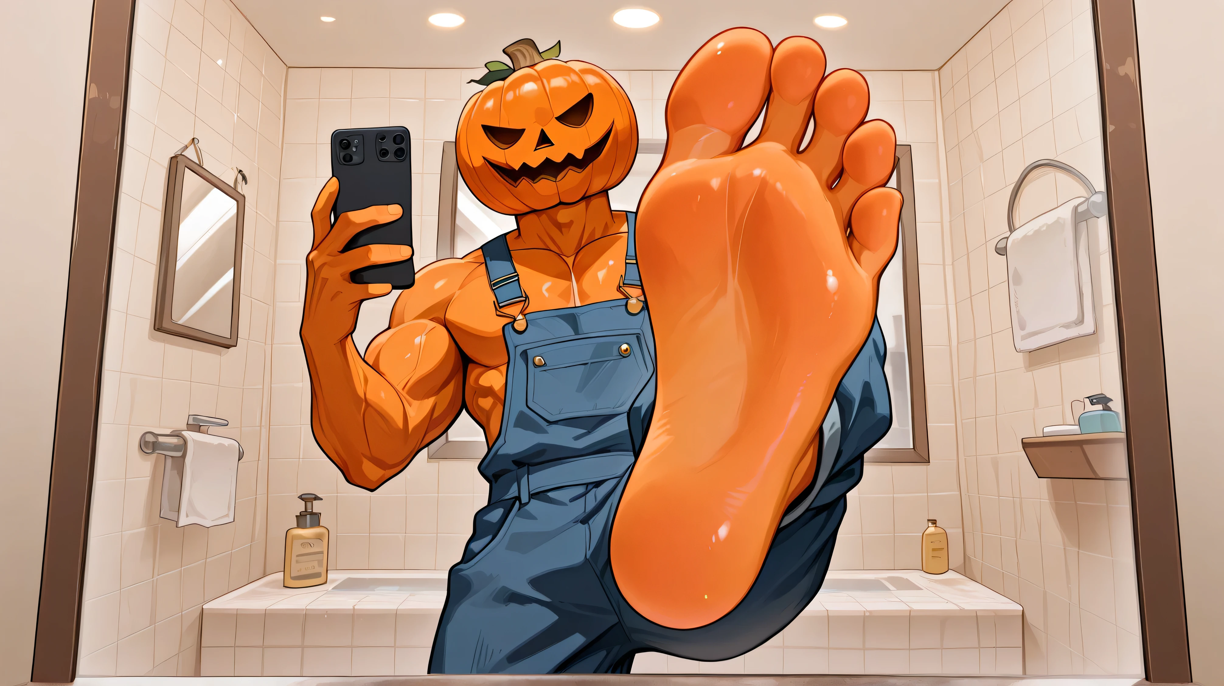 [jackolantern, pumpkin head, orange skin, muscular, overalls, shirtless, barefoot, (five toes)],  foot focus, foot up, teasing, playful, bathroom, mirror selfie pov