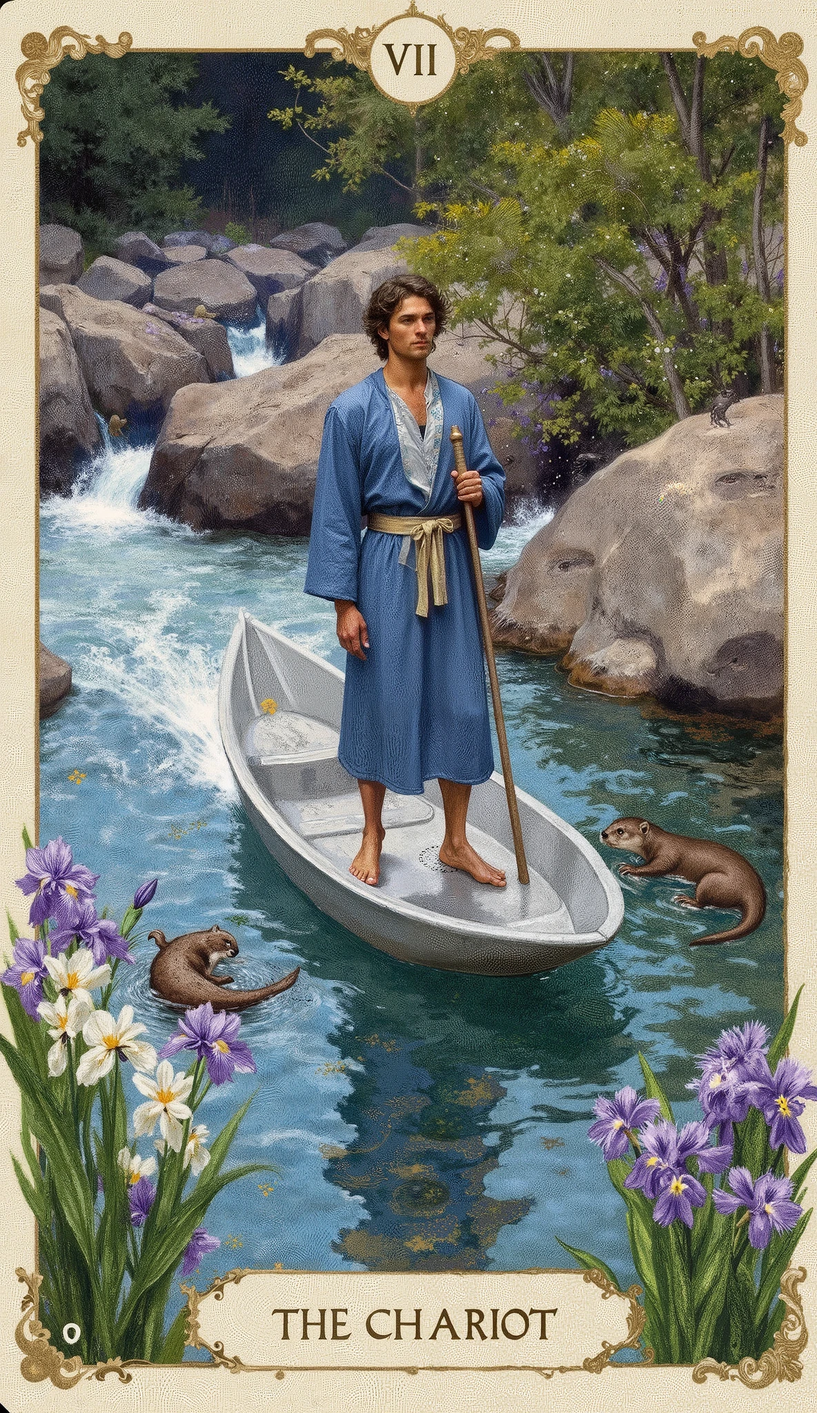 A tarot card titled “The Chariot – The Flow’s Will” from a water-themed deck. In a dreamy Pre-Raphaelite European style infused with Zen naturalism, a poised voyager stands on a moon-shaped silver-blue boat gliding swiftly down a clear, rushing river. He wears river-silver and sky-blue robes, holding a rudder lightly. A ribbon-bound compass hangs around his neck. Two otters swim playfully alongside the boat. Along the riverbanks, purple and white irises bloom. The river flows through sunlit stone, its motion smooth and alive. The Roman numeral VII shimmers beneath the boat’s trail in the water.