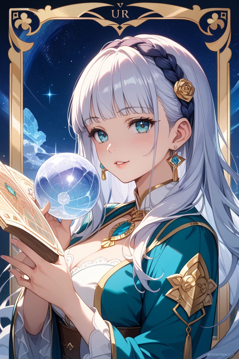 Highest quality,Highest Resolution,４K quality,A female fortune teller holds her hand over a crystal ball on which the Earth is projected,up,
