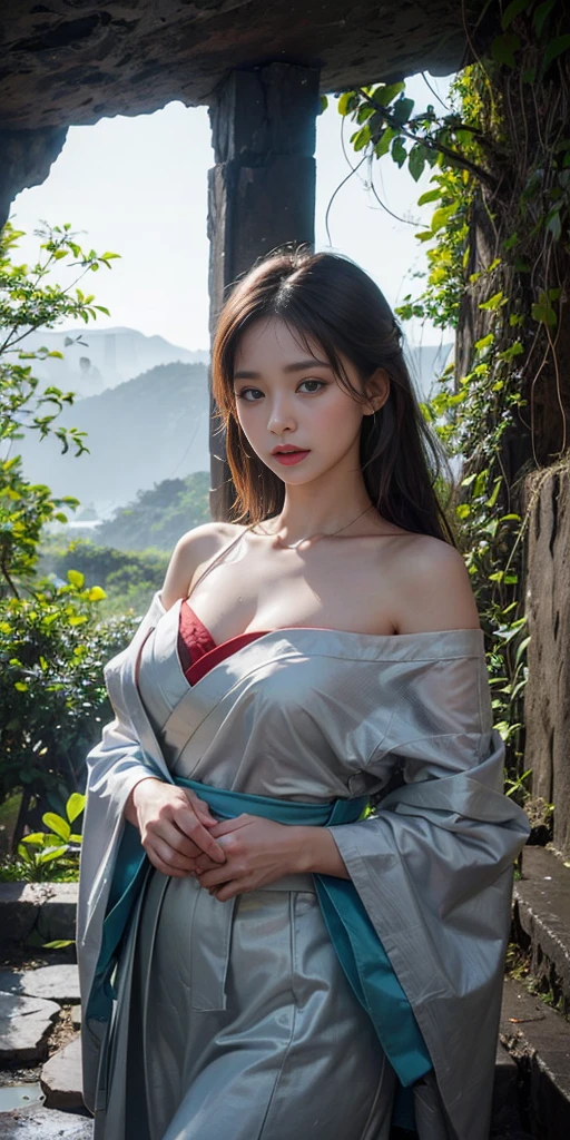 1 realistically beautiful girl, waist length hair, black eyes, ancient Ao Dai, style hanfu, wearing a thin silk shirt of ancient China, pink and smooth white skin, wearing a discreet ancient style ao dai, appears shoulders and head in the photo,cute little face, eye bags under wet makeup, plump red lips, pout, mouth shut, embarrassed, small face makeup detailed and very beautifull, The breasts are super round and tight, breast augmentation, blum , Cover the girl's chest with a camisole inside, blush, from front, wear earrings, necklaces, from above, looking at viewer, upturned eyes, full body, masterpiece, top quality, best quality, official art, unity 8k wallpaper, highres, ultra-high res, ultra-detailed, (photorealistic:1.2), alone, solo, Only 1 girl, style hanfu Dunhuang, 10x pixels, super realistic, ultra high quality, full body view of the girl, upper body, (small breasts)