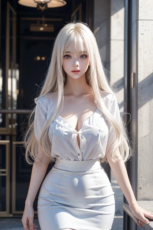 ((Best quality, 8k, Masterpiece :1.1)), Sharp focus :1.2, A Beautiful 18 year old Girl with perfect figure :1.3, Slender abs :1.2, (( wavy blonde hair, silver light hair ,long hair)), (White Tight dress:1.1 sultry, aroused: 1.2), (Sultry) ((Aroused: 1.2)), beauty face , (detailed face), Open top button shirt: 1.1 , , Street:1.1, cars, building, Highly detailed face and skin texture, Detailed eyes, Double eyelid, smiling