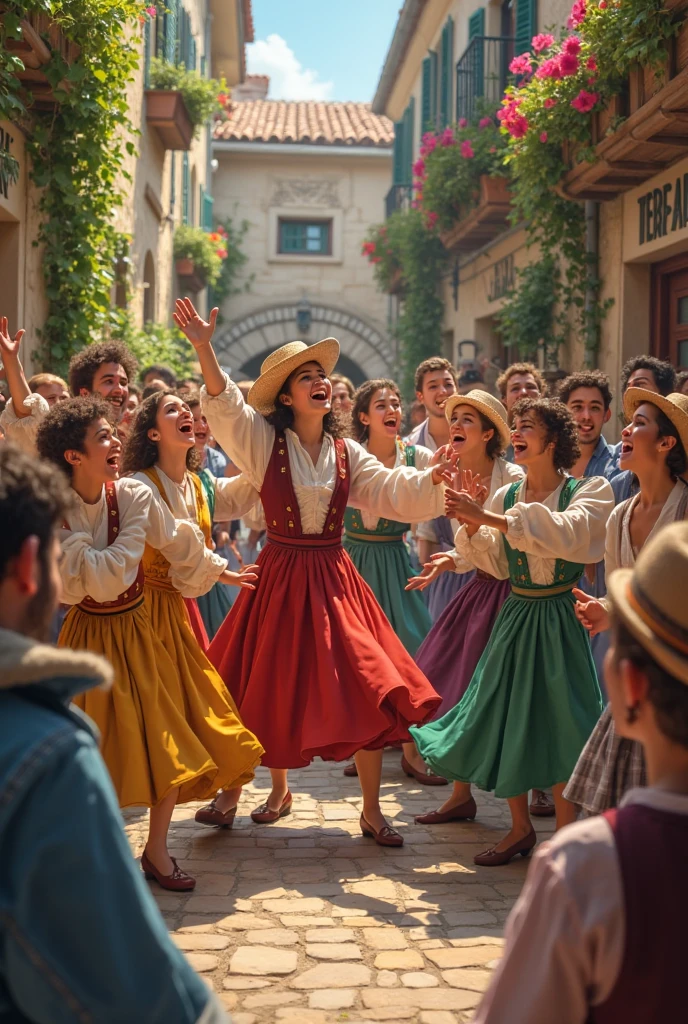 Happy people dancing in a village