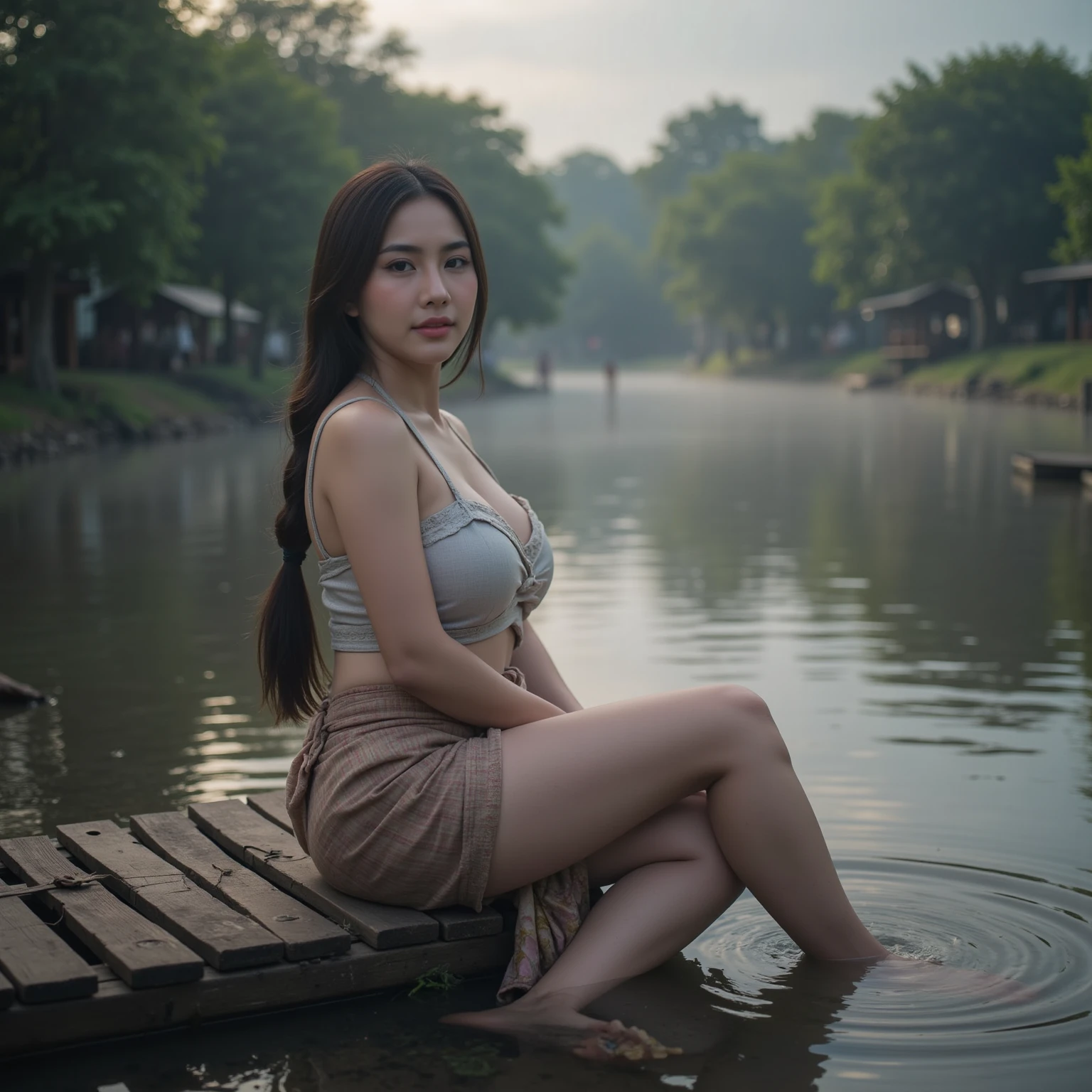 Seorang gadis cantik sedang jongkok di sungai, sedang memberikan edukasi membuang air. UltraHD. Realistis. 4k