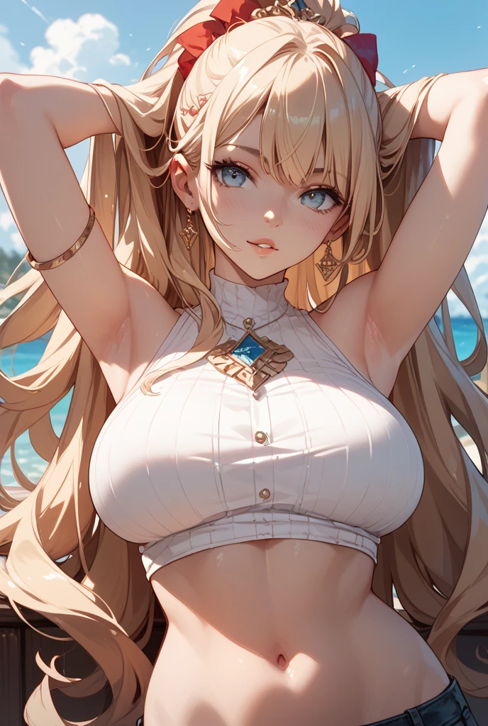 (masterpiece), best quality, expressive eyes, perfect face,red hair,wavy ponytail,(covered nipples:1.2),(under boob:1.2), (sagging breasts,gigantic breasts:1.5), (huge cleavage:1.5),(night:1.1}, {starry sky:1.1}, beach, beautiful detailed sky, {extremely detailed background:1.2},{standing:1.1}, looking at viewer, (mirco-bikini:1.3), long_hair, hair_ornament, green_eyes, bangs, smile, animal_ears, open_mouth, hairclip, blonde_hair, ahoge, tail, blush, cat_tail, bow, cat_ears, hair_bow, light smile,(thigh gap 1.5),seductive pose,