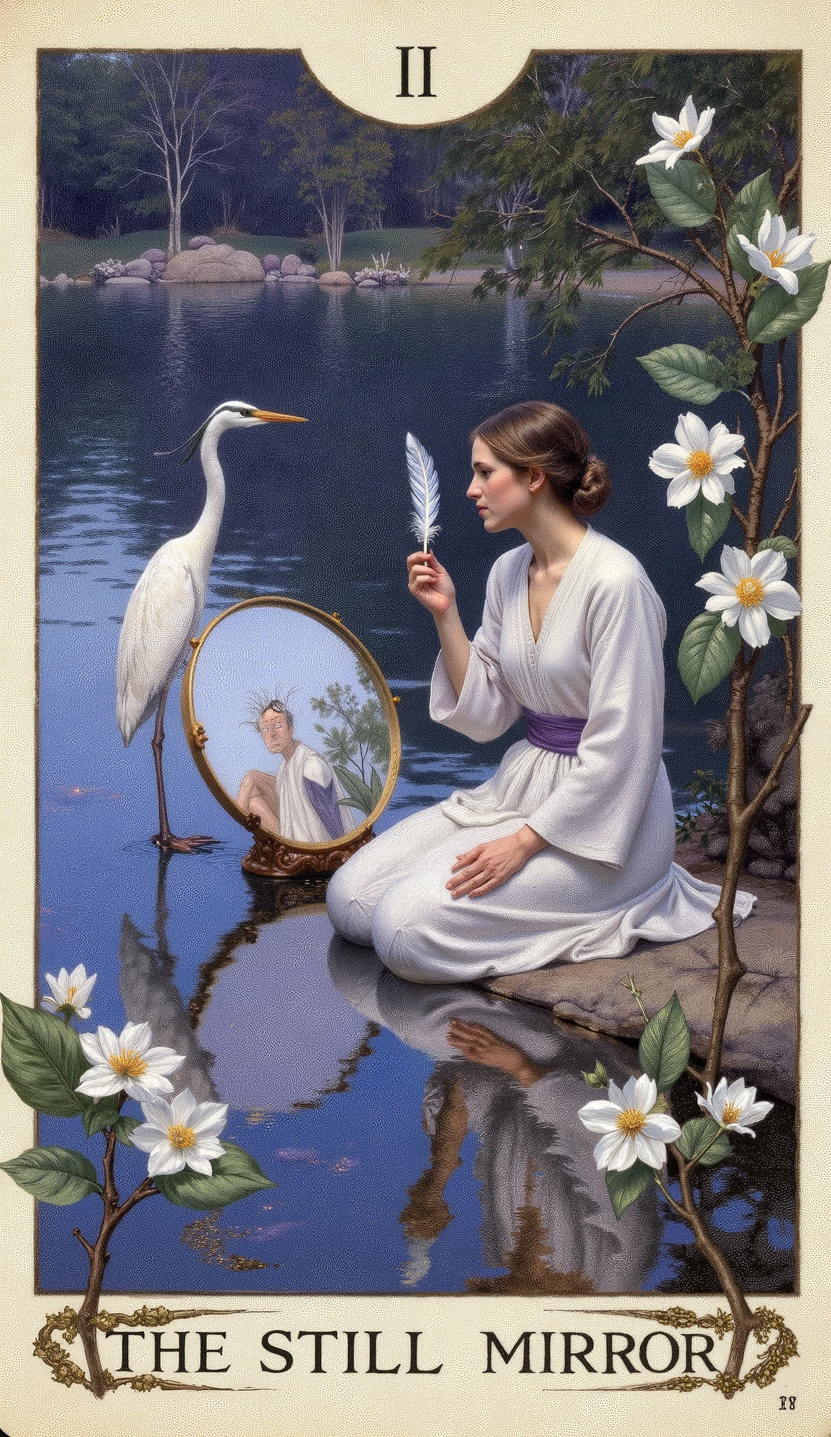A tarot card titled “Justice – The Still Mirror” from a water-themed deck. In a dreamy Pre-Raphaelite European style blended with Zen naturalism, a serene androgynous figure sits beside a perfectly still lake at dusk. They wear indigo and white robes. One hand holds a silver round mirror reflecting the lake and twilight sky, the other a white feather. A heron stands poised at the water’s edge. White camellias bloom quietly nearby. The entire scene glows with a quiet equilibrium. The Roman numeral VIII hovers over the mirror’s surface.