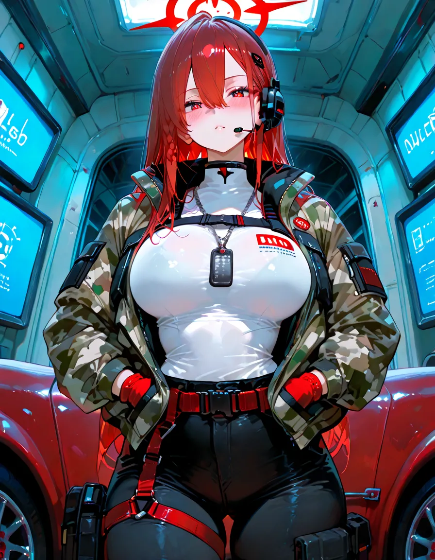 20-year-old girl,Crimson hair,side braid,Smile,Huge breasts,cleavage,Sheer red sleeveless top,Leave space in the middle to reveal cleavage,Soaked all over,Blushing,green eyes,Female spy,Red miniskirt,White gloves,White hand sleeves,White boots,Science fiction,Future,robot driver,There is a pistol on the back belt,No bangs,Wearing earrings only on one side,leather neck brace,There is a belt around the waist,Inside the huge robot cockpit,Sitting in the driving seat,Darkness all around