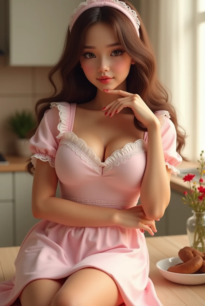 masuter piece, best qualtiy, (((realisitic, Photorealsitic:1.37))), ((Solo)), 8K image quality, Extremely delicate and beautiful, splendid, Official art with attention to detail, Ridiculous, Unbelievably ridiculous, huge filesize, ultra-detailliert, ighly detailed, (Beautuful Women), (detailed woman), extremely detailed eye and face, Beautiful detailed eyes, Light makeup, (Perfect female figure), (Korean beauty), ((fullllbody)), (((Sitting))), A dark-haired, With bangs, (pink frilled dress), appointment, (lovely smile), ((Looking up at the camera)), (((View from above))), Cafe Counter,