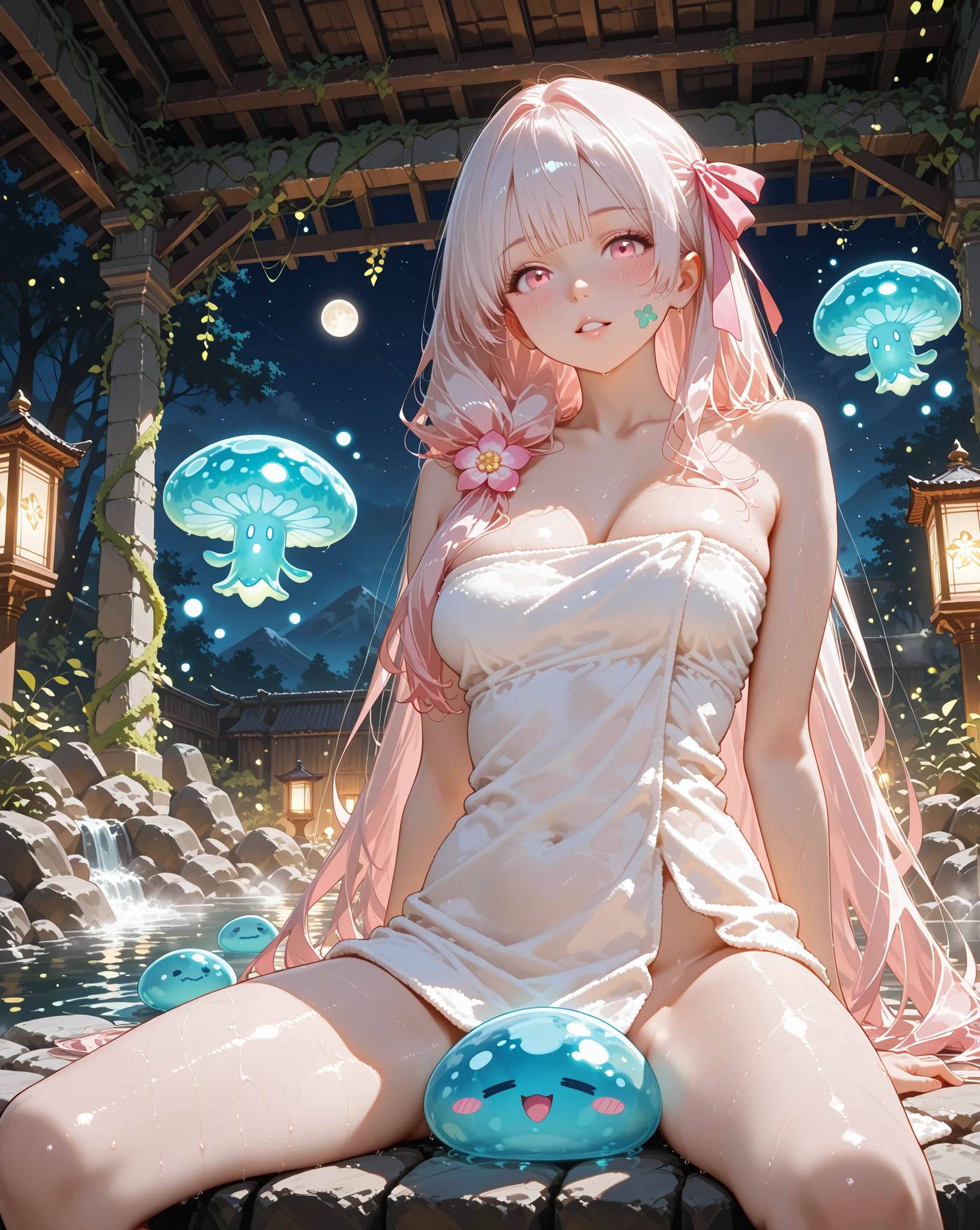 A beautiful, elegant, and graceful girl with white hair and blue eyes, large breasts, sitting on a giant mushroom with her hands behind her back, abstract, and psychedelic space scene. The image has a visually stunning, award-winning art style reminiscent of Yuko Shimizu, Rebecca Guay, and 60s anime, with an art nouveau and dreamy, trippy aesthetic. The girl has long black hair with braids, a purple flower hair pin, and is wearing revealing white lingerie and thigh high stockings in a centerfold pose with her legs spread open in a suggestive manner. The scene features a lush, ornate, and foliage-filled background with a purple and blue color palette, creating a gorgeous and visually stunning cosmic beauty.