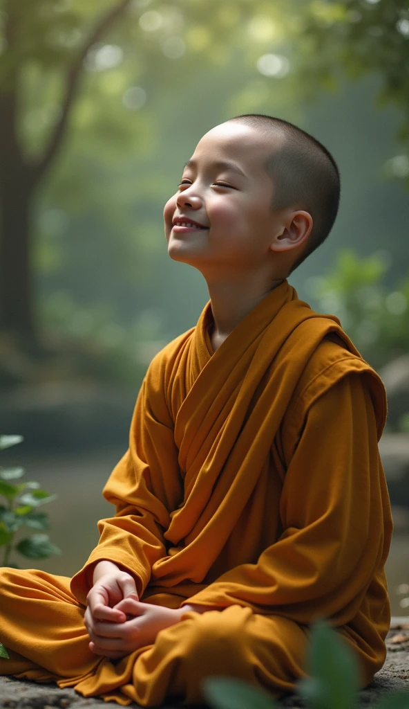 With a smile,Eyebrow beauty,Little monk without hair,Buddha sitting in front of the temple knocks on wooden fish