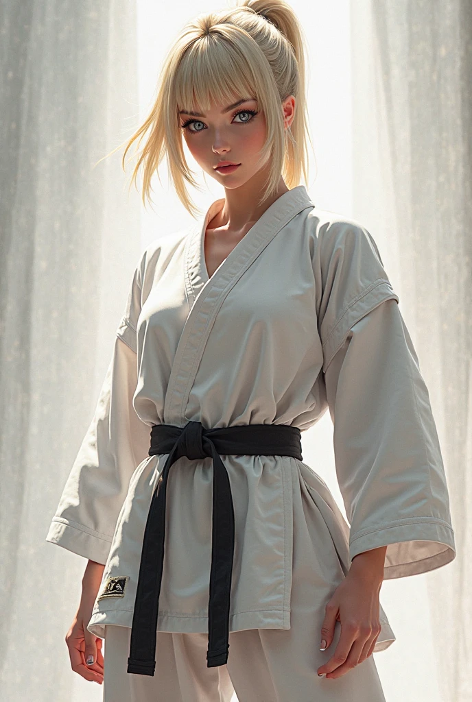 beautiful blonde woman wearing a karate gi, full body shot, cleavage