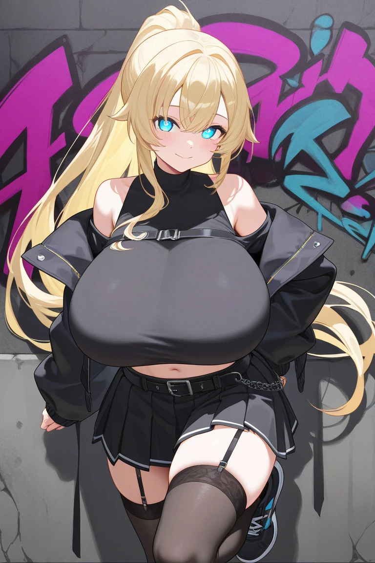 ((Anime – Style image of a woman in red shorts and a black sleeveless shirt))、((A smile))、((独奏))、((top-quality))、(17 age)、(a blond)、(Long hair)、Long body、Ahoge、((huge-breasted:1.6))、((tights))、((long boots))、Blue eyes、Sexy positions、Sexy face、thick thight、the eyes are blue、big butts:1.6、I love you、a belt、is standing、