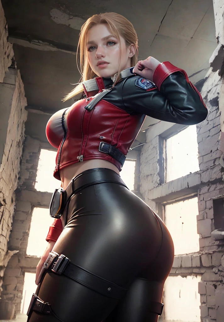 4k, realistic, charismatic, very detailed, there is a girl in the sky, dressed in a super girl costume, she is a super girl, superhero theme, blonde short hair, ponytail, 20 years, full body, (detail in the eyes), (detail in the face), incredibly beautiful, blue eyes, blush, makeup, red lipstick, miniskirt, (wide hips),  (thick thighs), small breasts, dress,, seductive pose, (extreme hourglass figure), thin, svelte, white skirt, boots, tight t-shirt