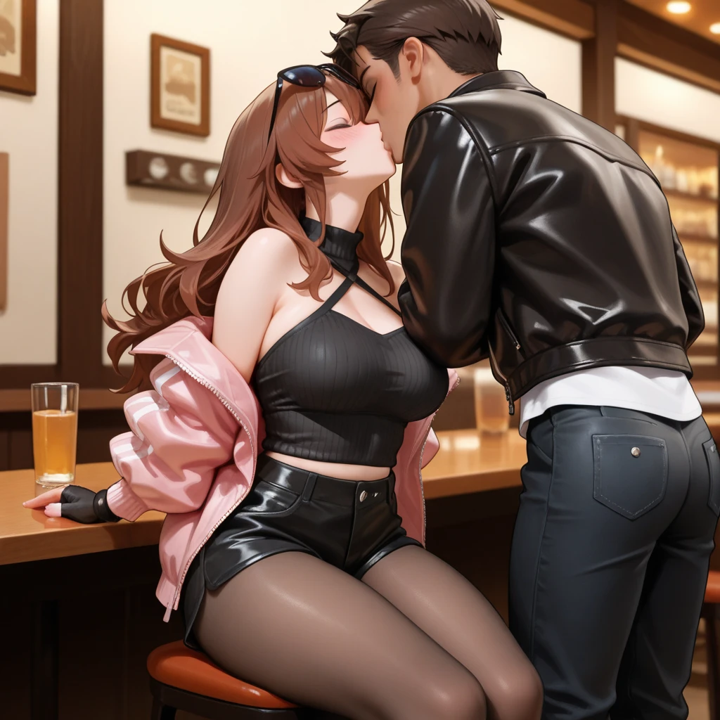 (((masterpiece, Highest quality, High resolution, 超High resolution, Perfect Pixel, Depth of written boundary, 4K, RTTX 10.0))), Beautiful Anime Woman, Beautiful art style, Anime characters, ((Smooth texture, Realistic texture, Anime CG Style)), Exact finger count、Exact number of legs、(Exact number of arms:1.0, Exact number of hands:1.0), (Perfect hands, Perfect Anatomy), Cinematic, Realistic, Extremely detailed CG, Daytime lighting, Perfect lighting, Best Shadow, The best natural light, Perfectly balanced style, A perfectly balanced body, Slender body, Beautiful little ass, ((Long Hair, bangs, Reddish brown hair, Twin tails)), ((Rear view of a woman straddling a man in a suit lying face up on the floor:1.8)), (Inserting penis into vagina while wearing full-back panties, Sex in cowgirl position while wearing full-back panties:1.3), Accurate male body lying on back, (pussy juice:1.8), ((Bow tie around neck:1.3), (Sexy and cute magenta pink underwear:1.3), (Stylish shiny magenta pink satin full back panties, Side-tie panties, Magenta pink panties with lace trim:1.3), (Magenta Pink Micro Lace Satin Bra, Magenta pink bra with lace trim:1.3), (lace garter belt, Garter Strings, Black knee socks, Black high heels:1.3):1.3), (Embarrassed expression:1.6), (blush), (Feels good, sexual pleasure expression:1.8), (Facial expressions holding back pee:1.6), (look up, Eyes half closed:1.8), (Stylish bar, Stylish cafe, Affair at the cafe, Sexual services at cafes:1.5), naked, In underwear, Waitress in underwear, (Frill headband:1.2), Angle from directly behind