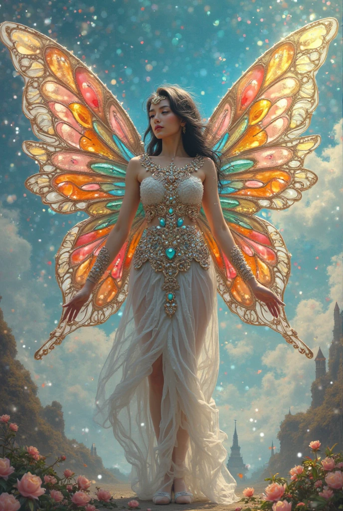 high details, best quality, 16k, RAW, [best detailed], masterpiece, best quality, (extremely detailed), full body, ultra wide shot, photorealistic, dark fantasy art, goth art, RPG art, D&D art, a picture of a dark female fairy resting in a flower meadow, extremely beautiful fairy, ultra feminine (intense details, Masterpiece, best quality), best detailed face (intense details, Masterpiece, best quality), having wide butterfly wings, spread butterfly wings (intense details, Masterpiece, best quality), dark colors wings (intense details, Masterpiece, best quality), black hair, long hair, shinning hair, flowing hair, shy smile, innocent smile, blue eyes, dark red lips, wearing ((white: 1.5)) lace dress (intense details, Masterpiece, best quality), ((white lace: 1.5)) corset (intense details, Masterpiece, best quality), dynamic elegant shirt, chocker, wearing high heels, in dark colored flower meadow (intense details, Masterpiece, best quality), (red flowers: 1.2) , (black flowers: 1.2), (white flowers: 1.2), (blue flowers: 1.3) [extreme many flowers] (intense details, Masterpiece, best quality), dark colorful flowers (intense details, Masterpiece, best quality), flower meadow in a dark goth field background, dim light, cinematic light, High Detail, Ultra High Quality, High Resolution, 16K Resolution, Ultra HD Pictures, 3D rendering Ultra Realistic, Clear Details, Realistic Detail, Ultra High Definition, lace drawing, betmd, DonMF41ryW1ng5XL

