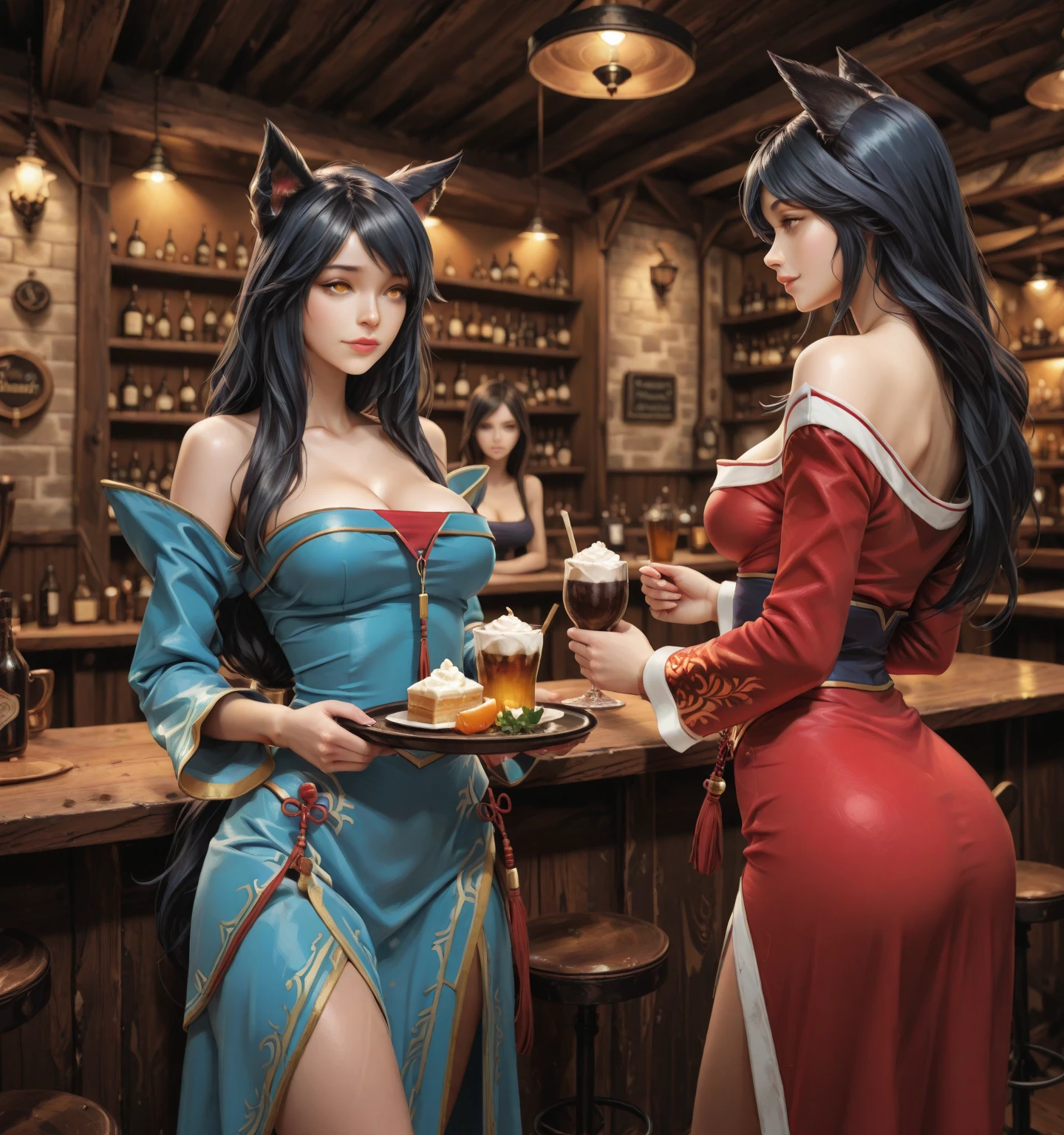 (masterpiece:1.3),(best quality, highest quality),((Full Body Shot,Including face)),1girl,Standing position,4K,masterpiece,((Focus on the face)),((Symmetrical facial features)),Beautiful woman,(slender,Beautiful feet),((Thigh-high boots)),Detailed depiction of the face,bar counter,Cafe,Realistic,,Eyes warp,Red and gold long dress,Chinese clothing,night,Spotlight,Short slit,