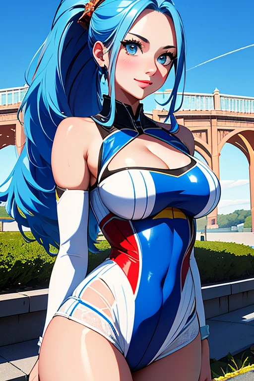 work of art, best qualityer, highest quallity, (perfect lighting), (photoshotrealisitic), Perfect Anatomia, face perfect, perfects eyes, 
 vestidobuldbzred, aquamarine hair, shorth hair, blue colored eyes, aretes, redgown, yellow scarf, blue sky, clouds, on a cliff looking at a city, (BishoujoMãe: 1.5), very tight redgown, legs that open, ((Breasts huge, neckleace))), ((thick-thighs, hourglass figure)), (topless), 1.5) ((thick red lips), ((blue colored eyes)), ((aquamarine hair)) photoshotrealisitic, photoshot, work of art, realisitic, 真实感,  photoshot真实感, photoshot真实感, hight contrast, photoshotrealisitic digital art trend on Artstation 8k HD HD realisitic detailded, detailded, texture skin, hyper detailded, realisitic texture skin, best qualityer, ultra high resolution (photoshotrealisitic: 1.4), high resolution, detailded, raw photoshot, re sharp, by Lee Jeffries nikon d850 film stock photoshotgraphy 4 Kodak Portra 400 camera F1.6 lens rich colors realisitic texture hyper-realisitic dramatic lighting unrealEngine trend in ArtStation CineStill 800,