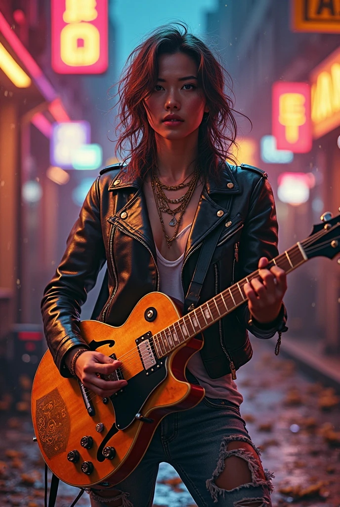 The year is 1973 in London. A beautiful and glamorous 3 white woman who is a glam rock musician is standing in a corner of a street lined with old brick apartments in a back alley of London at midnight, in the rain, holding a vintage silver lamé color Les Paul. She is wearing a turquoise blue geometric patterned velvet tight zip-up jumpsuit, unzipped up to her belly button, showing off her naked body, and Plain enamel turquoise blue hi-heel London long boots. The photo was taken in a long shot, giving a view of the entire rain-soaked cobblestone back alley. It was an artistic photo lit by a single gas lamp, like the cover of David Bowie's Ziggy Stardust.Full body image from head to toe wide shot,she has a dark brunette One-length Perfectly straight very long hair,Very large, pendulous breasts、Perfect nude proportions of a glamorous mature woman、super realistic mature's body and skin,very huge sagging Breasts,super big cleavage,very glamorous sexy plump figure,Mysterious and sexy photos taken by a professional photographer with long shots, stunning angles and lighting.、Long False Eyelashes、Female glam rocker's 1970s flashy makeup、Super Beauty、A flashy silver Les Paul guitar lavishly decorated with glitter and Swarovski crystals.、Pitch black sky、A pile of cardboard boxes and garbage bags discarded on the side of the road、Old wooden glass door red telephone booth in the distance
