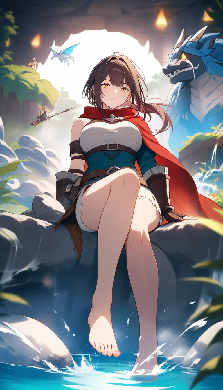 amber \(Genshin Impact\),Amber 5 stars,Amber eyes,brown hair,Default clothes,brown shorts,white stockings,Brown leather gloves,red hairband,Smile,Red sleeves,crossed bangs,hair between eye,Neck goggles,Protective goggles,cleavage,middlebreast,above the mountains,with blue sky and white clouds,ln the forest,rios,small town,Mondstadt,Smoke,Scout Knight