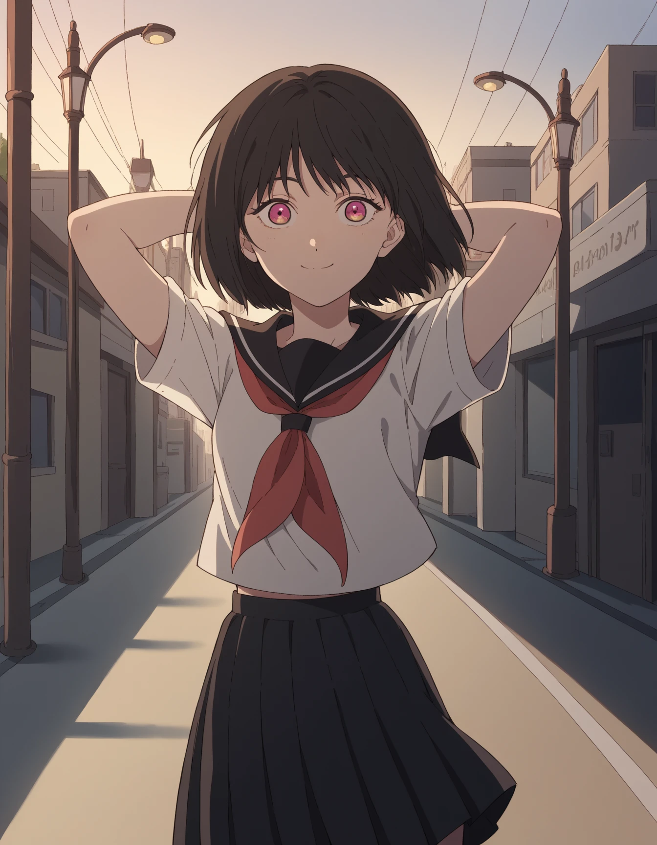 Little People Series, Yuki Osanai, Bob、Shortcuts, cropped black hair, bangs, Slanted Eyes、(Red gradient eyes:1.2), Expressionless、((Red cheeks))、Young、Short、(Trembling)、((Small breasts))、(avenger、murderer、Serial killer)、Holding a weapon such as a crowbar、Bathing in blood、Bloody clothes、Blood dripping from the forehead、(No underwear)、Blood tears、
break , Open the chest、 Visible valley, Blood-stained body and face、Blood-stained white sailor suit,Around town、Night Sky、Starry Sky、
break、Around townを歩く、Hug viewers、Spread your arms、Wide-open sailor suit、Hair fluttering violently in the wind、（Embrace viewers）、
 masterpiece, Highest quality, High resolution, unity 8k wallpaper, (Beautiful attention to detail:1.6), Highly detailed face, Perfect lighting, Highly detailed CG, (Perfect hands, Perfect Anatomy,Perfect five-finger),Full body portrait、