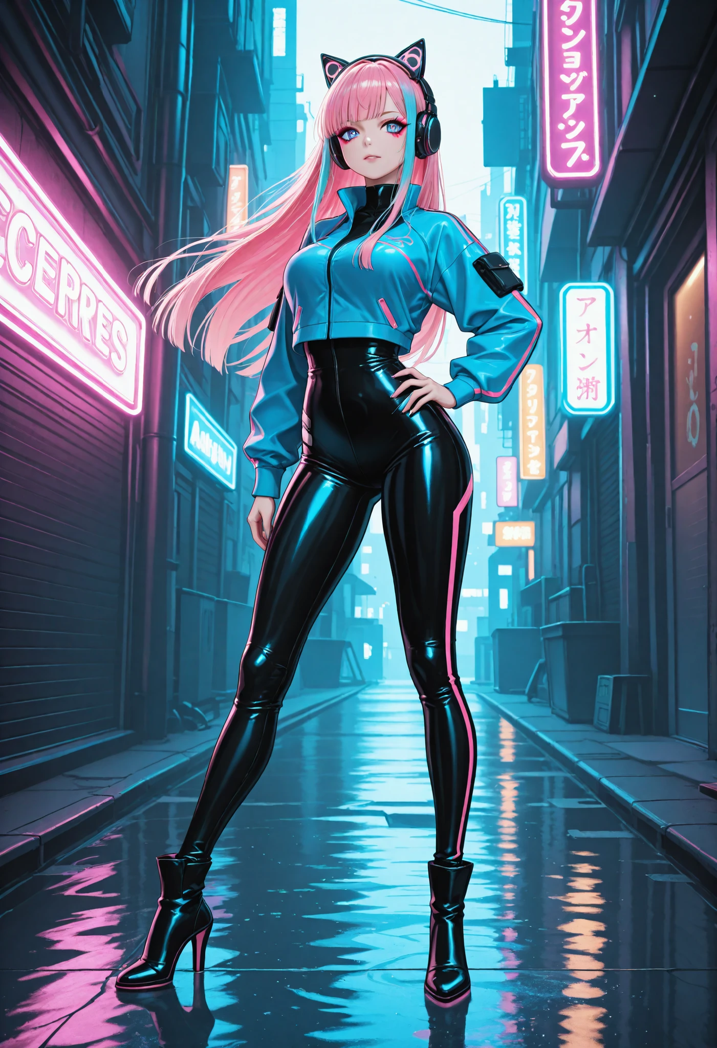 "A sexy and stocky woman, with a curvaceous body and confident appearance, posing in a futuristic neon alley on a rainy night. She is wearing a modern sports jacket, Headphones with shiny cat ears in neon blue, and high heels with a vibrant blue neon effect. long, straight hair, blacks with pink highlights, falling on the shoulders. Headphones with shiny cat ears in neon blue, expressive eyes and striking makeup. } tight and shiny black vinyl pants that highlight the curves {x} The setting is a cyberpunk alley with Neon lights and signs in Japanese, colorful reflections in the pools of water. highly detailed style, Dramatic lighting, cores vivas, futuristic and sensual aesthetic, inspirado na arte de Levi Creations, with shiny digital finish and rainy atmosphere."