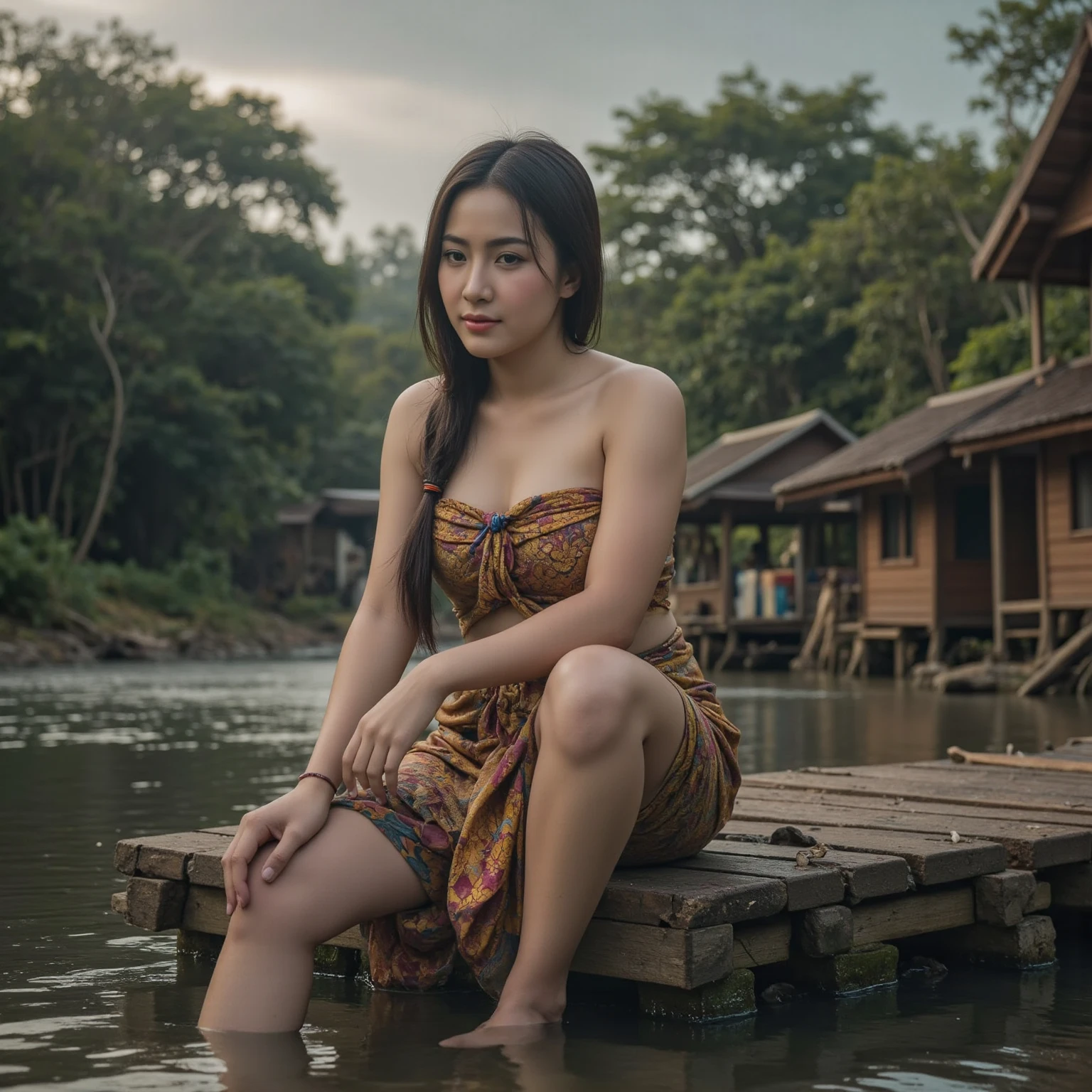 (best quality,4k,highres,masterpiece:1.2),ultra-detailed,(realistic,photorealistic,photo-realistic:1.37), HDR, UHD, An (extremely beautiful Vietnamese woman age: 18, hourglass figure, blessed proportions, dressed appropriate for the setting) is relaxing in a hot spring with her lady friends(they are helping scrub one another and playfully flirting), she is near an rural Vietnamese village with many other women nearby. (Show her entire body, show her from head to toe, full body shot)