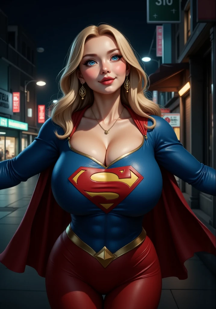 estilo anime
mulher adulta nova, 22 anos, blonde hair, sorridente, ela tem um corpo magro, cabelo grande e cacheado, rostos com algumas sardas, olhos verdes, brincos nos ouvidos, colar discreto com pingente, superman character costume, red cape, heroic pose