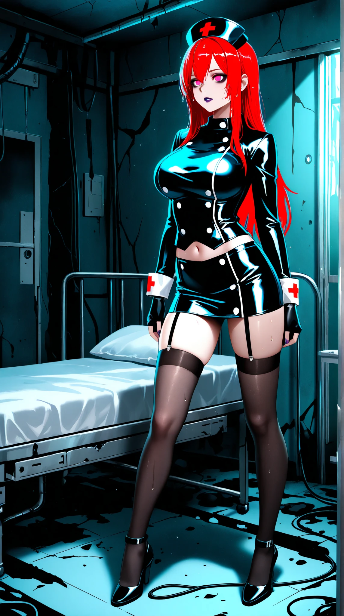 masterpiece, best quality,
1girl, jessicanurse, red hair, long hair, hair over one eye, green eyes,  lipstick, makeup, nurse, nurse cap, miniskirt, barefoot, sit tied to a chair, full body view,
closed mouth, upper body, solo, looking at viewer, indoors, hospital background     