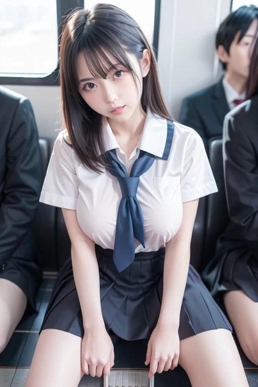 crowded train, coat over naked、 girl, collar, shyly looking down, embarrassed 、arms behind back 、big breasts, beautiful nipples, highest quality, 22year old beautiful woman, bdsm, ((bondage,)), masterpiece, highest quality, slave, sexual bondage, ???????, shame,