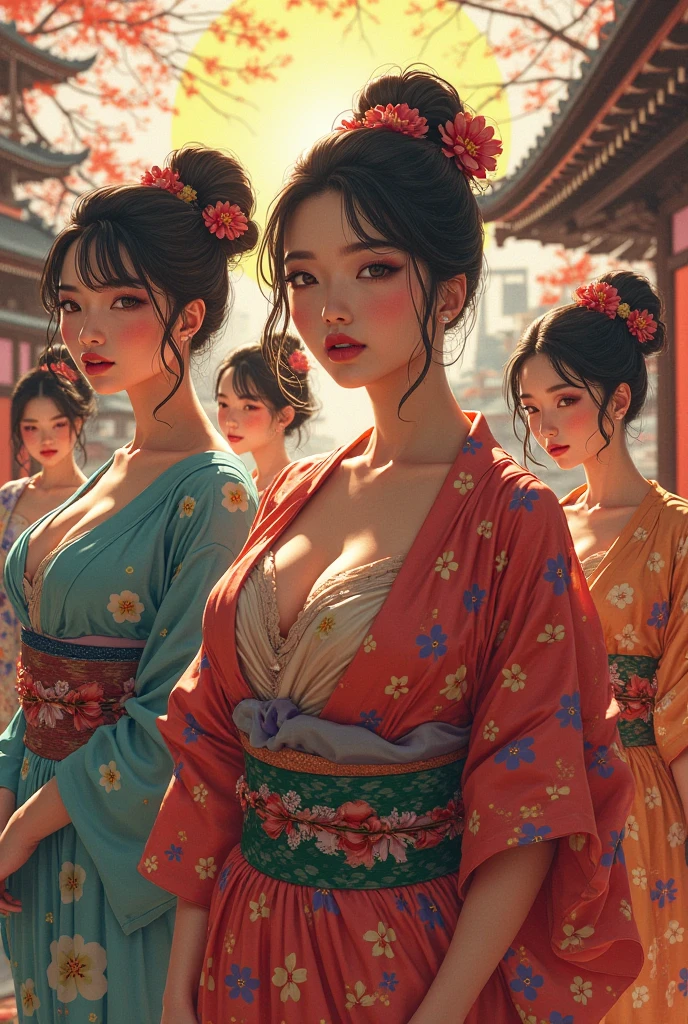 An enchanting image capturing recruits in the midst of a Japanese beauty competition, their perfect bodies poised confidently and confidently on mats. The casting director, dressed in a colorful and flowing outfit, carefully points to the girls, emphasizing their flawless appearance. In the background, an array of other Japanese beauty contestants, wearing their signature outfit, appear to admire the action. standard lens, low aperture, natural light