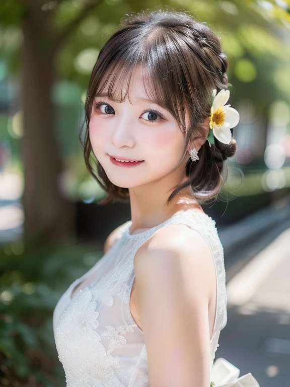 (Realistic, photo-Realistic:1.37), Incredibly absurd, (Very detailed:1.3), 8k, (masterpiece), (highest quality:1.4), (Ultra-high resolution:1.2), (RAW Photos:1.2), Very detailed background, (unity 8k wallpaper), 1 nogizaka girl, very cute, bishojo, 15 years, (Gothic Lolita Fashion), Exquisitely drawn beautiful faces, eyes and skin, Detailed black shiny hair, Elegant frills, Frilled tie, Ribbon tie, Rose Hair Accessories, Delicate lace dress, Soft fabric, Beautiful rose pattern, Smiling for the camera, Cowboy Shot, European castle landscape, Professional Lighting