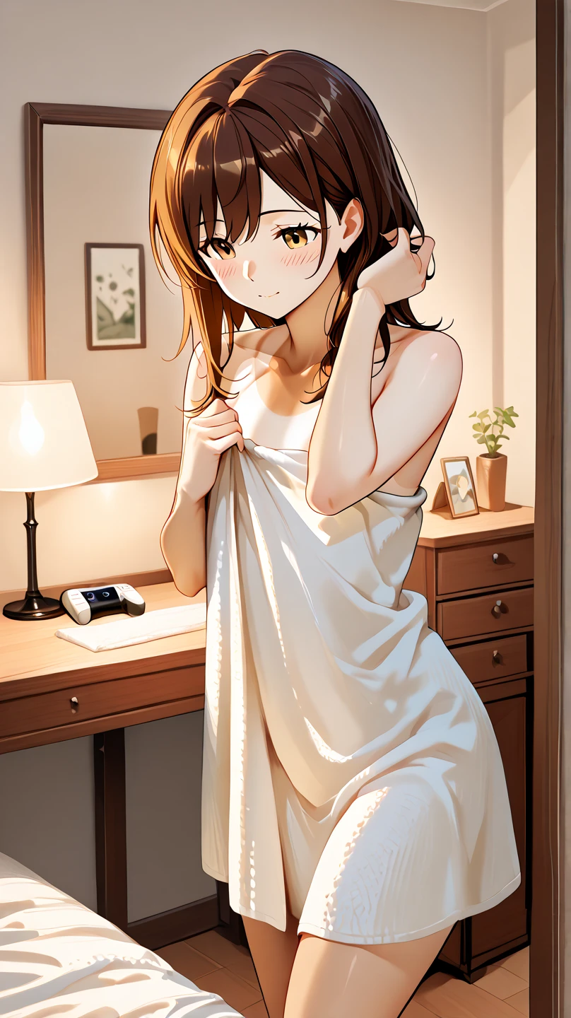 (Top quality illustrations:1.2), (pretty girl:1.1), (1 girl、17 years old), (1 girl)、Small breasts、Brown Hair、short hair、Wavy Hair、Curly Hair、Low Twintails, {Plain pajamas、Short sleeve、 Shorts}, Cowboy Shot、Bedroom、On the bed, On all fours, from behind, hip focus, looking around, from below