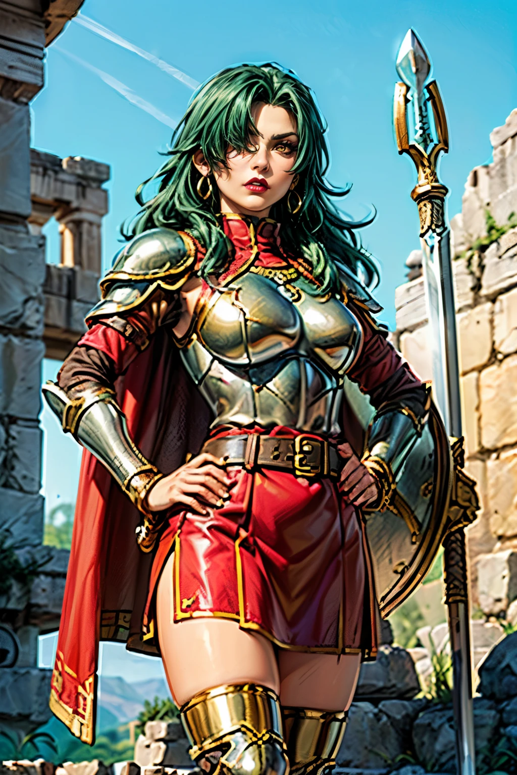 ((1girl, solo ,alone, long hair, green hair, yellow eyes, hair covering one eye, woman, (one hand on her hip) , dynamic pose, muscular female, gold bracelets, ruby earrings)), fitness, ((solo, (1woman, pink lipstick), Extremely detailed, ambient soft lighting, 4k, perfect eyes, a perfect face, perfect lighting, a 1girl)), ((hoplite, warrior woman, Greek woman, hoplite woman, Greek armor, bronze armor breastplate, hoplite shield, spear, shin guard, gladiator sandal, gauntlets, armor skirt, red cape, black tunic, brown belt, holding a sword,))