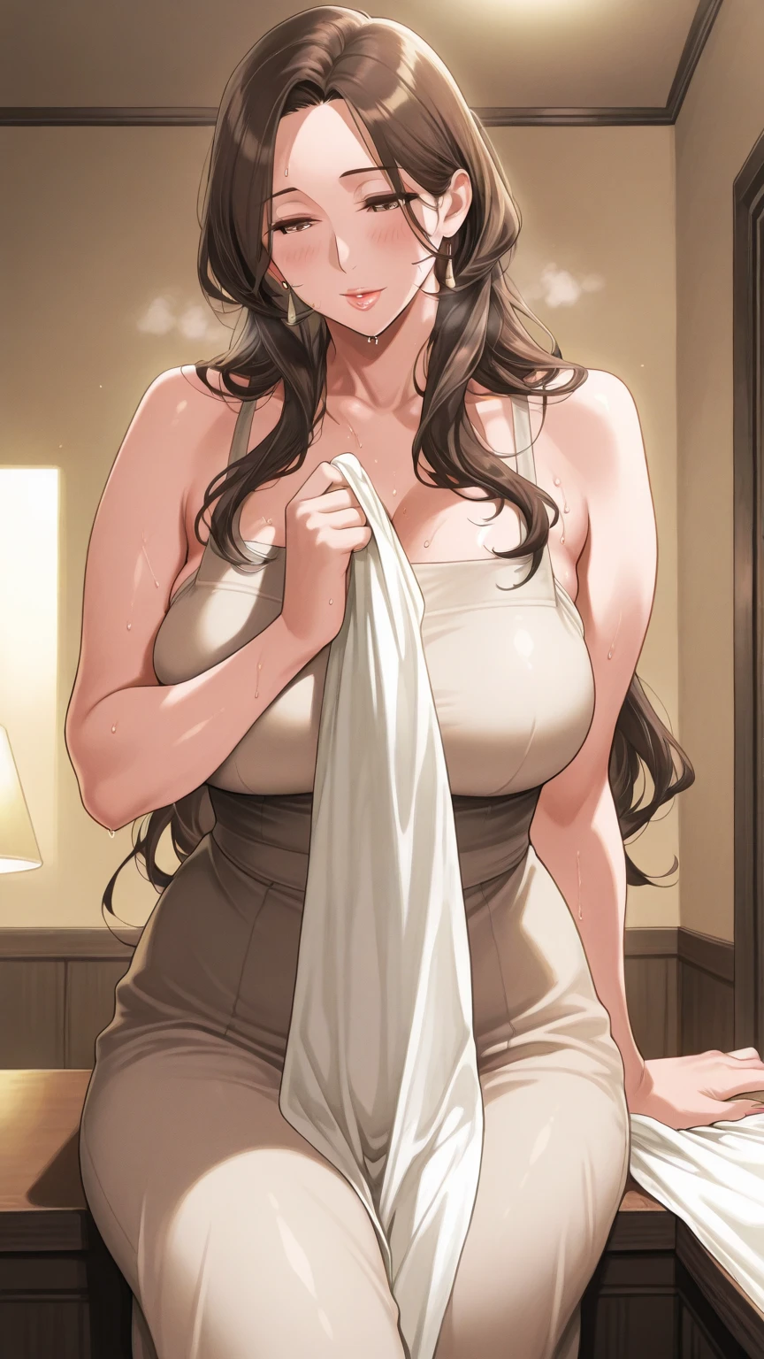 JooRidef, brown hair, ponytail, purple eyes large breasts, 
1girl, solo, looking at viewer,
masterpiece, best quality, standing up, 4k, ultra hd, masterpiece, wallpaper, 26 year old woman, mature woman, perfect image, ultra sharp image, lips seperated, 3/4 body image, Embarrassed , hair censorship, hair covering breasts