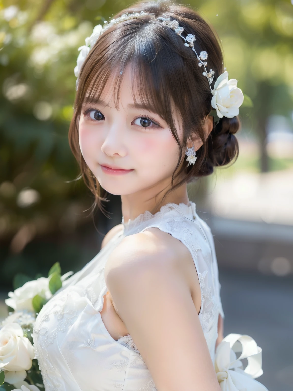 whole body, highest quality, figure, Super detailed, finely, High resolution, 8K, 完璧なダイナミックな構figure, Detailed and beautiful eyes,Medium Hair, Center of chest, Natural color lip, Random sexy poses,smile,France，Large Breasts、kimono、Flower Hair Ornaments、Franceの風景、