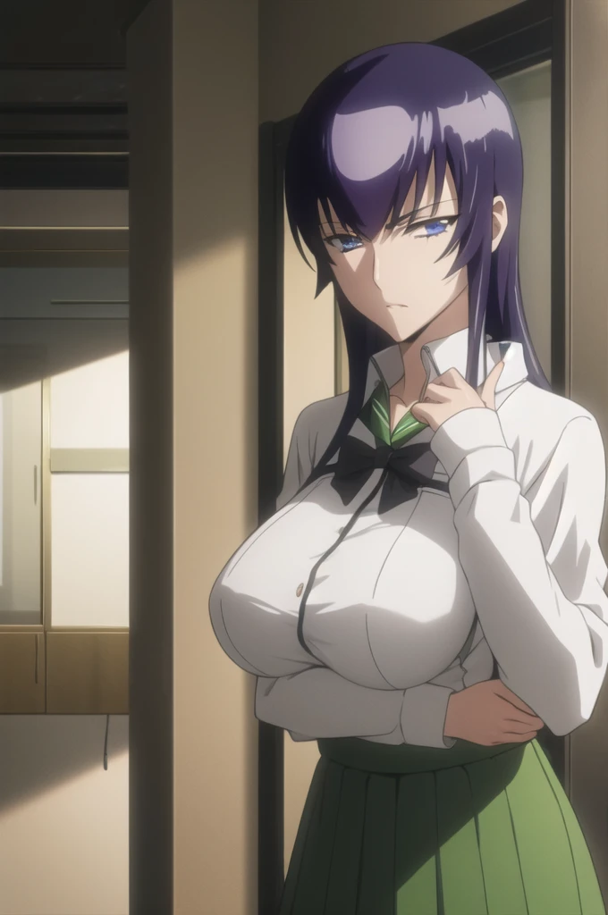 ((best quality)), ((masterpiece)), (detailed), perfect face, sexy cloths, 1 girl, purple hair, voluptuous, seducing, zombies in background,