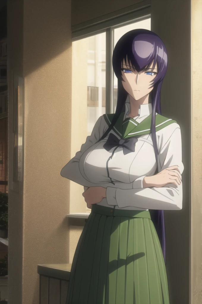 Saekobusujima, Saeko Busujima, Cabello largo, purple hair, (purple eyes:1.1), pelo entre los ojos, Falda QUEBRAR, mangas largas, arco, china poblana, Serafuku, falda verde, DESCANSO mirando al espectador, DESCANSO en interiores, plaza, QUEBRAR (Obra maestra:1.2), La mejor calidad, high resolution, Unidad 8K Fondo de pantalla, (illustration:0.8), (hermosos ojos detallados:1.6), Cara extremadamente detallada, perfect lighting, CG extremadamente detallado, (Manos perfectas, Perfect anatomy),