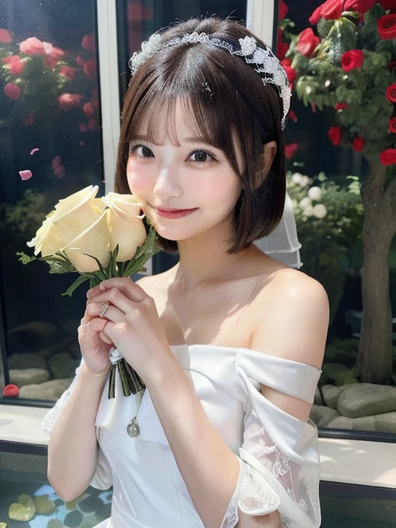 best quality,master piece,1 girl,23 years old,white wedding dress,surrounded by flowers,Upper body,Close-up,with short black hair,(small breasts),grassland,big breasts beautiful,looking at the viewer,smile,white stockings,Particle FX,off shoulder outfit,Black Big Eyes,