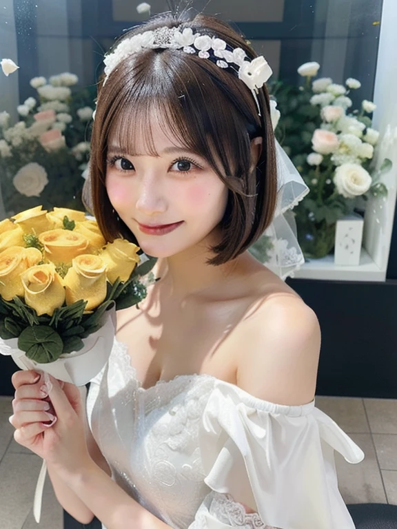 21 years old, Beautiful woman, Natural light, Wedding dress, Upper Body, Front view, bride, (highest quality, 8k, masterpiece), White flower, Delicate lace, bouquet, With bangs, A shy smile, (Embarrassing), looking at the camera, light makeup, Thin eyebrows, Natural Makeup, (light makeup), Thin eyebrows, Ultra-high resolution, Glowing Skin, (Light on the cheeks), Closed lips, (Pale pink), Petals fluttering , viewer's perspective
