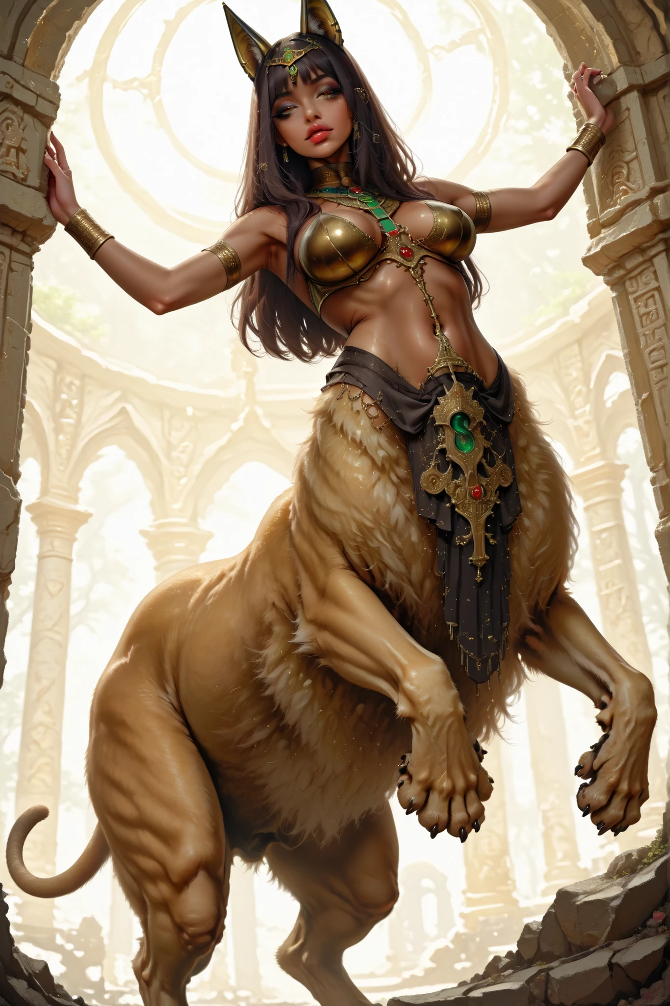 taur girl, liontaur, nude egyptian monster girl, beautiful and adorable feminine upper body, anime-style face, large glossy eyes, soft facial features, long silky black hair, golden accessories, golden eyeshadow and thick eyeliner, full breasts, dark brown skin, upper body of a seductive and elegant young woman, lower body of a powerful lioness with muscular feline legs and golden fur, anatomically correct grotesque oversized erect clit with retracted foreskin, red and black, veiny, moist, shaped like a dog penis, exposed glans, realistic and prominent, hanging between hind legs, fantasy temple background, standing pose, full-body view, soft lighting, NSFW