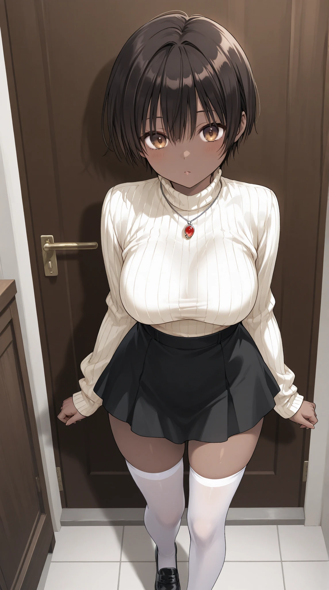 super fine illustration, vibrant colors, masterpiece, sharp focus, best quality, depth of field, cinematic lighting, ultra detailed, nude, detailed nipples, detailed vagina,1 woman, solo, belly button, milf, bedroom, dark brown hair, bob haircut, mature face, blush, annoyed, medium breasts, looking down