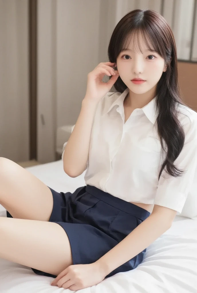 Japanese、high school student、Beauty、Facing forward、Kind eyes、Smiling Kindly、He is wearing a long navy blue short-sleeved polo shirt、She is wearing a grey tight long skirt、Sitting in a chair、Hands outstretched、((Her white underwear is visible between her skirt and legs.))、(Wearing white panties)、She is facing the camera with both knees together.、Anatomically correct body、