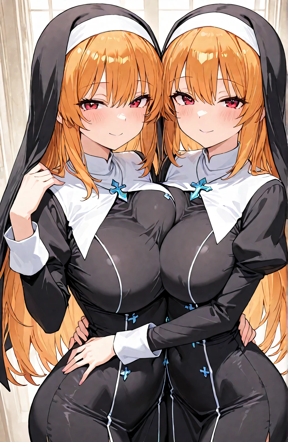 inugami korone,nekomata okayu,2girl,Females in heat,blush,open mouth,nun costumes,collar,gigantic huge breasts,looking at viewer,Taken from the viewpoint above,upturned eyes,near,standing up,Lined up,church,in room,SFW
