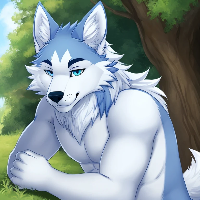 Sad cyan male furry wolf with white fur sitting under a tree