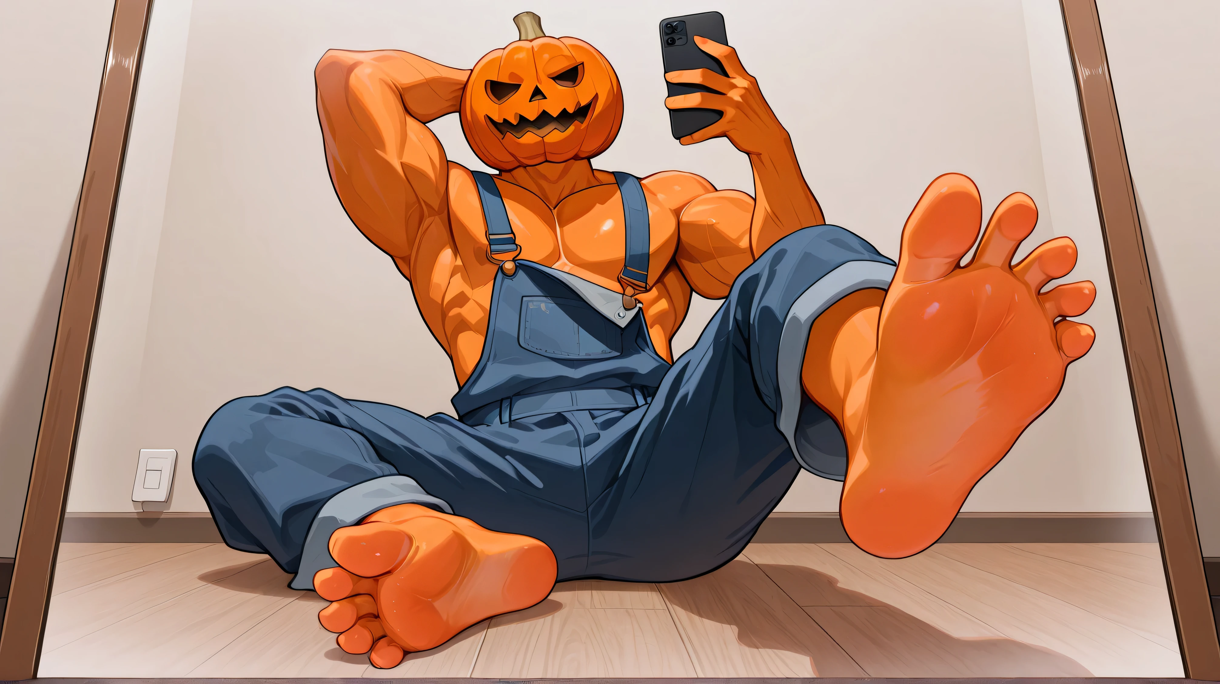 [jackolantern, pumpkin head, orange skin, muscular, overalls, shirtless, barefoot, (five toes)],  foot focus, foot up, teasing, playful, in front of full body mirror, mirror selfie pov