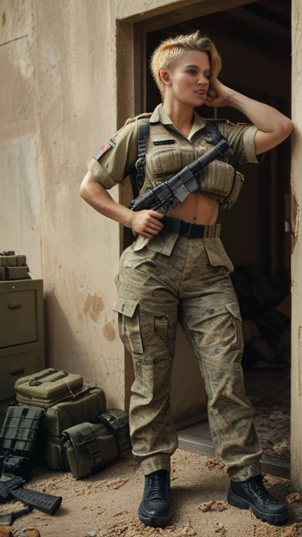 (medium full shot) of (strong soldier) young woman, busty build, short hazel hair, brazilian, tan skin, light brown eyes, wearing a woodland camo short-sleeve combat shirt, olive green field pants, tactical holster, snow boots, camouflage face paint, tactical backpack, sunglasses, wielding a combat knife set in military base Mess Hall, Large room with long tables and benches, a line of food serving stations, bustling activity as soldiers eat and chat, clinking of utensils, posters on the walls with morale-boosting slogans , at night, woman smiling, ,Masterpiece,best quality, photo, realistic, very aesthetic