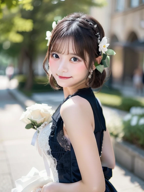 masterpiece, 4K, Bokeh, Beautiful Face, (Multiple Girls:1.4), Harem, (Group photo:1.2), (Cat ear:1.3), (blue medium bob hair:1.4), (White Theme:1.6), Looking at the audience, (White Rose:1.4), (White cafe background:1.5), (Cowboy Shot:1.4),Wearing a see-through Chinese dress、Ash gray hair color、Beautiful smile