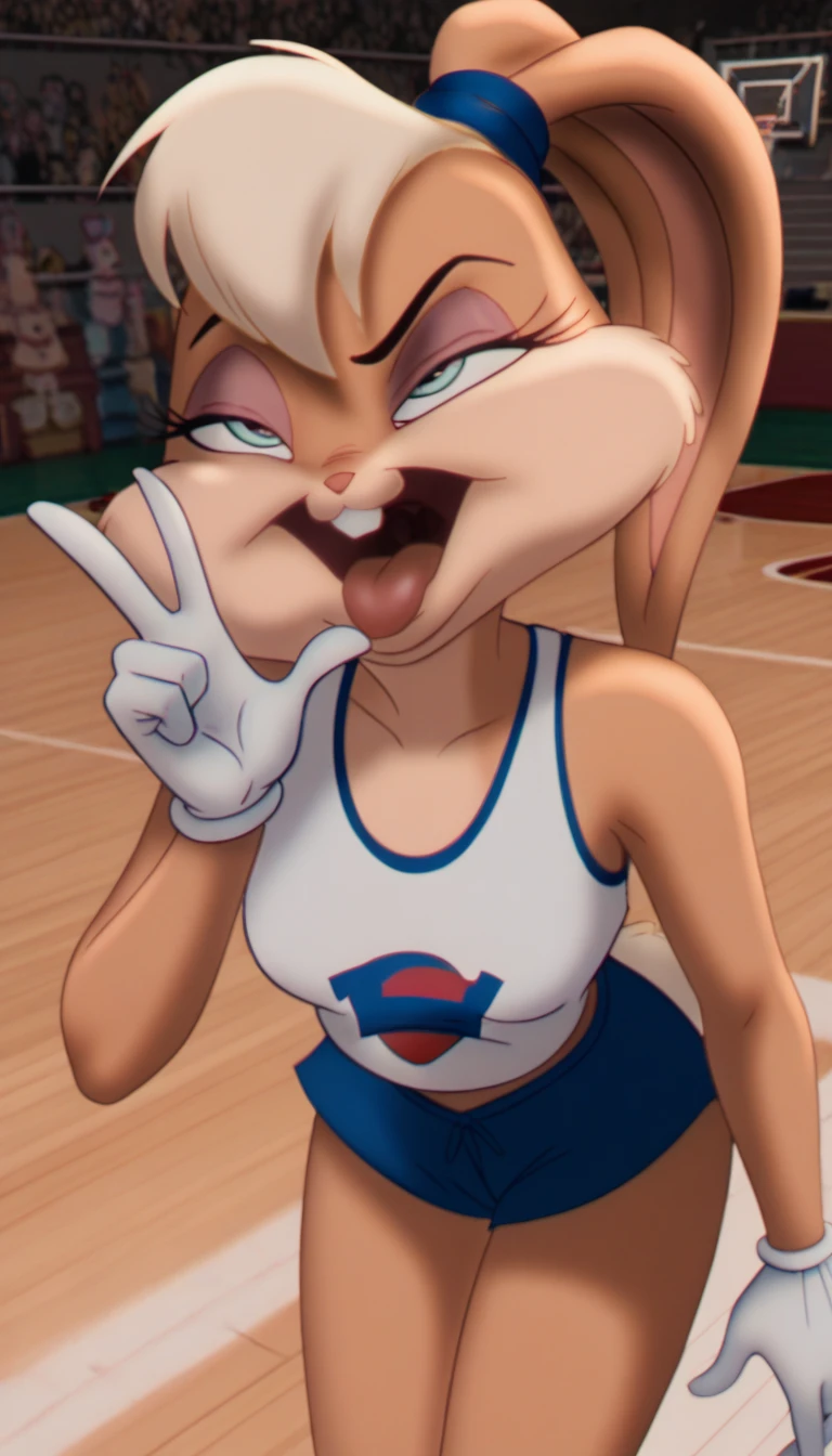 A highly detailed pov illustration of Lola Bunny standing tall over viewer, facesitting pov, (((female, bunny, lola bunny, space jam, young, fit)), looking at viewer, viewed from front, (detailed eyes, ultra detailed eyes), smug grin, sexual, aroused, standing over viewer, viewed from below, low-angle perspective, dutch shot, close-up, ((detailed cameltoe, tight shorts, baggy basketball top)) mons visible, inguinal crease, legs spread, hands on hips, showing off body, ((sexual pose)), (detailed fur texture, detailed fur), detailed background, locker room, by sandra chevrier and greg rutkowski and wlop, bright light, digital art, highly detailed, fine detail, intricate, ornate, complex, octane render, unreal engine, photorealistic, 8k, 16k,