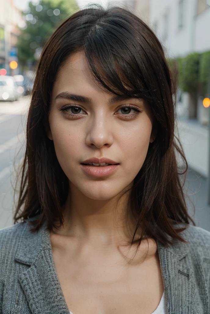 20 year old woman with honey colored eyes, color de cabello negro labios carnosos, nariz respingada caminado en una calle desolada