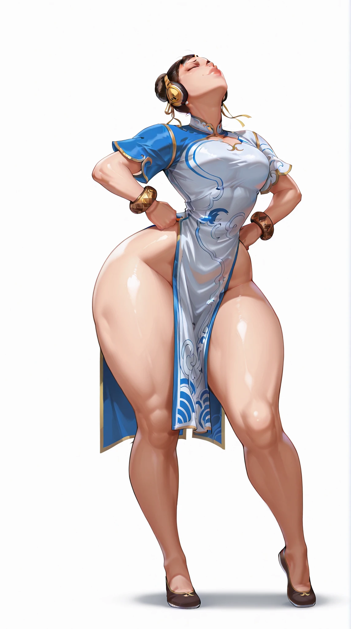 ((masterpiece)), (((best quality))), ((character design sheet)), ((full body view)) illustration,1girl, ((detailed face:1.4)) beautiful woman, ((Chun li)), short brown hair, brown hair, brown eyes, double bun, hair ribbon, white dress, pelvic curtain, blue pants, bangles, upper body, rough sketches, pose, 8k,16k, (background, white background: 1.3)